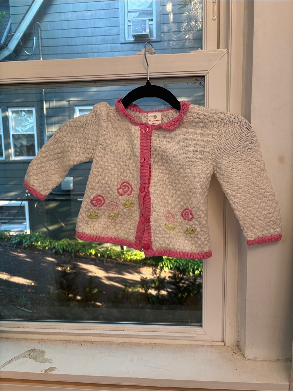 Baby Girl Knit Cardigan with Pink Trim and Floral Embroidery
